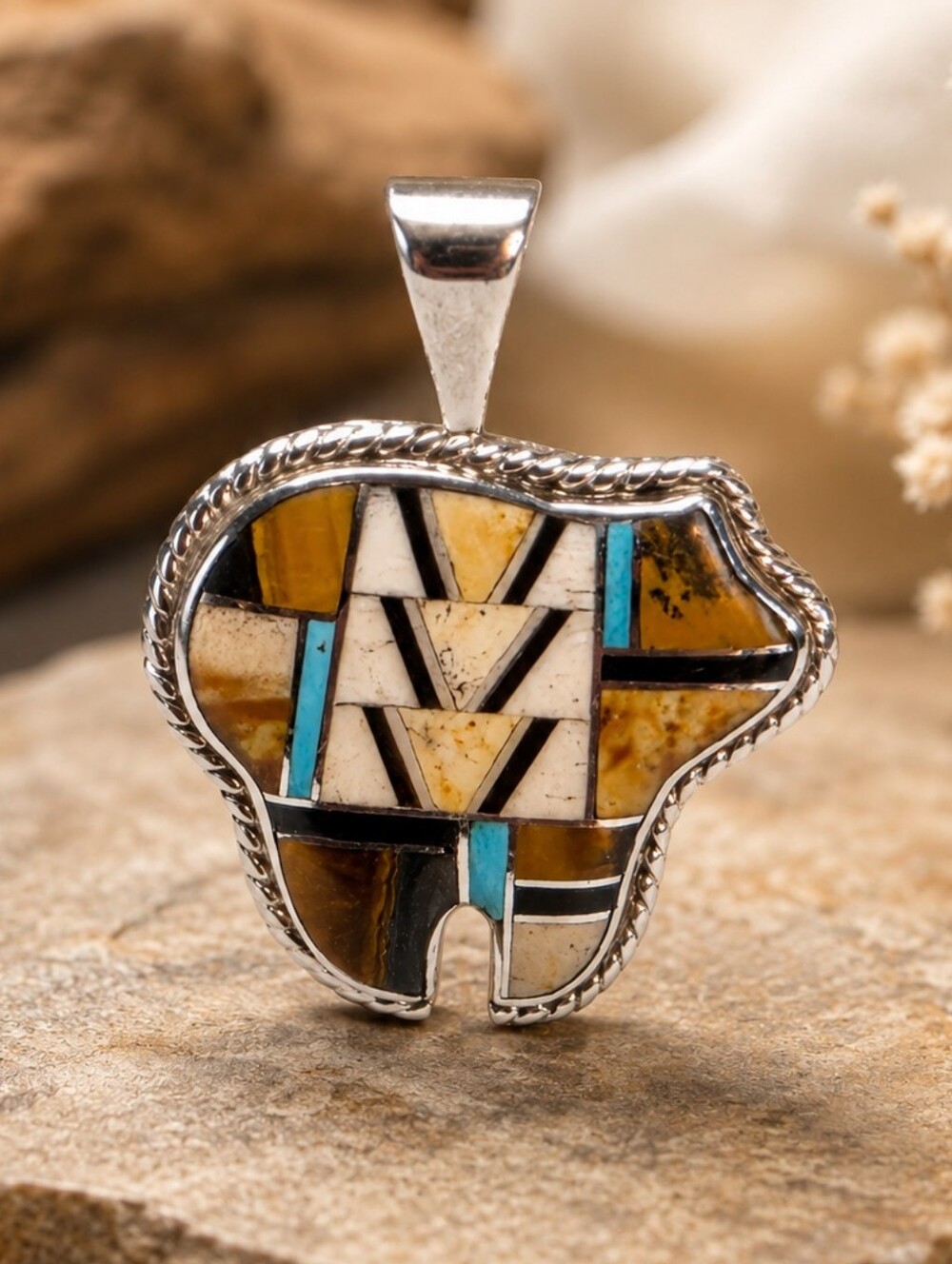 Vintage Southwestern Sterling Silver Multi-Stone Inlay Bear Pendant CH Mark 925